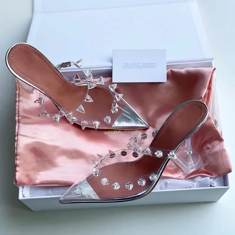 

High Heel Women's Shoes Sexy Wine Cup Heel Pointed Shoes Crystal Button Sandals Slippers Fashion Transparent Shoes