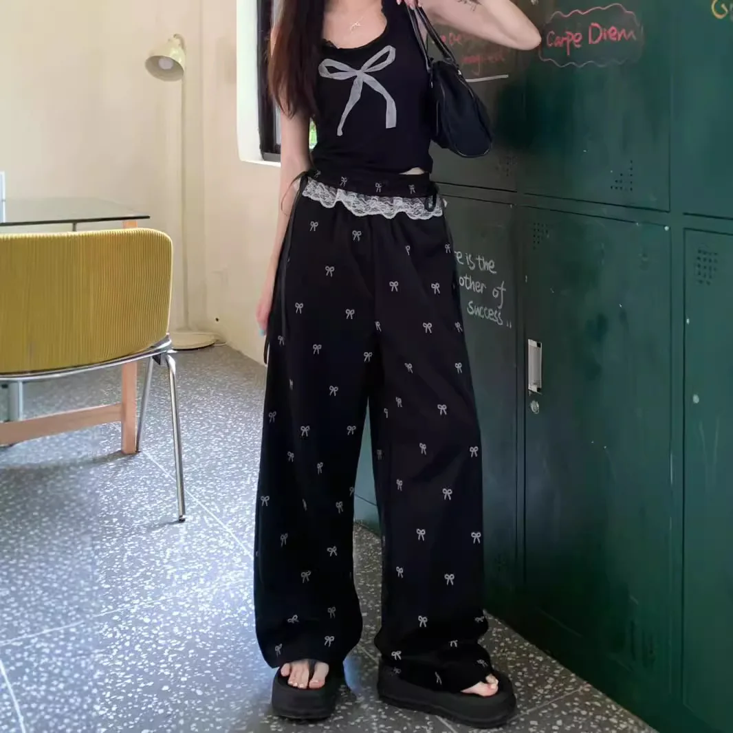 الحلو الدانتيل الربط السراويل القوس السراويل الصيف الجديدة فضفاضة مرونة الخصر السراويل المستقيمة