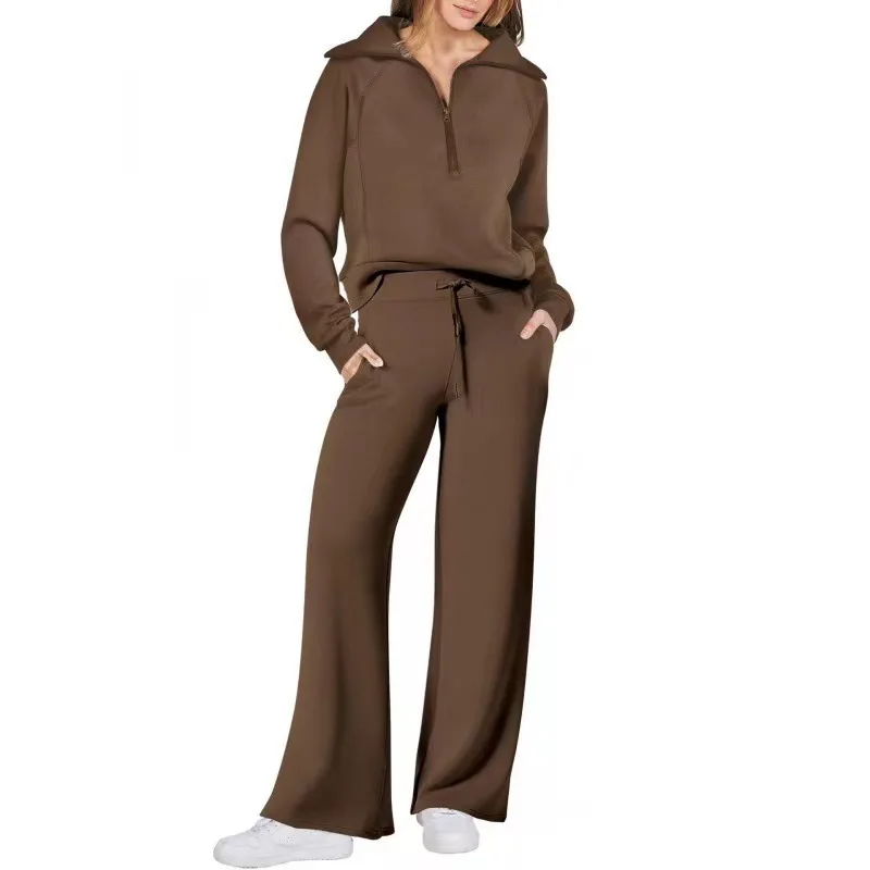 2026 Autumn/winter New Fashion Zipper Sports Suit Two Piece Wide-leg Pants Set For Women Solid Color Loose Sports Jogging Set