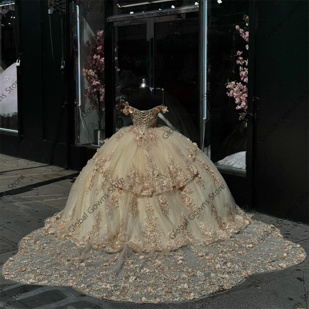 Mexico Champagne Off Schouder Baljurk Quinceanera Jurken Voor Meisjes Applicaties Partij Jassen 3D Bloemen Sweet 16 Aangepast