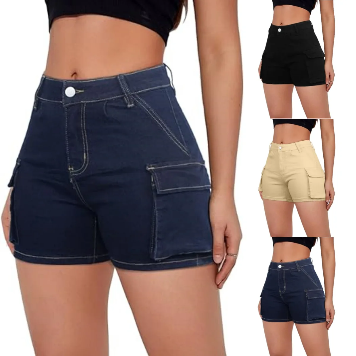 

Women Vintage Elastic Low Waist Cargo Shorts Summer Casual Solid short overalls pants with Pockets for Nightclub Streetwear