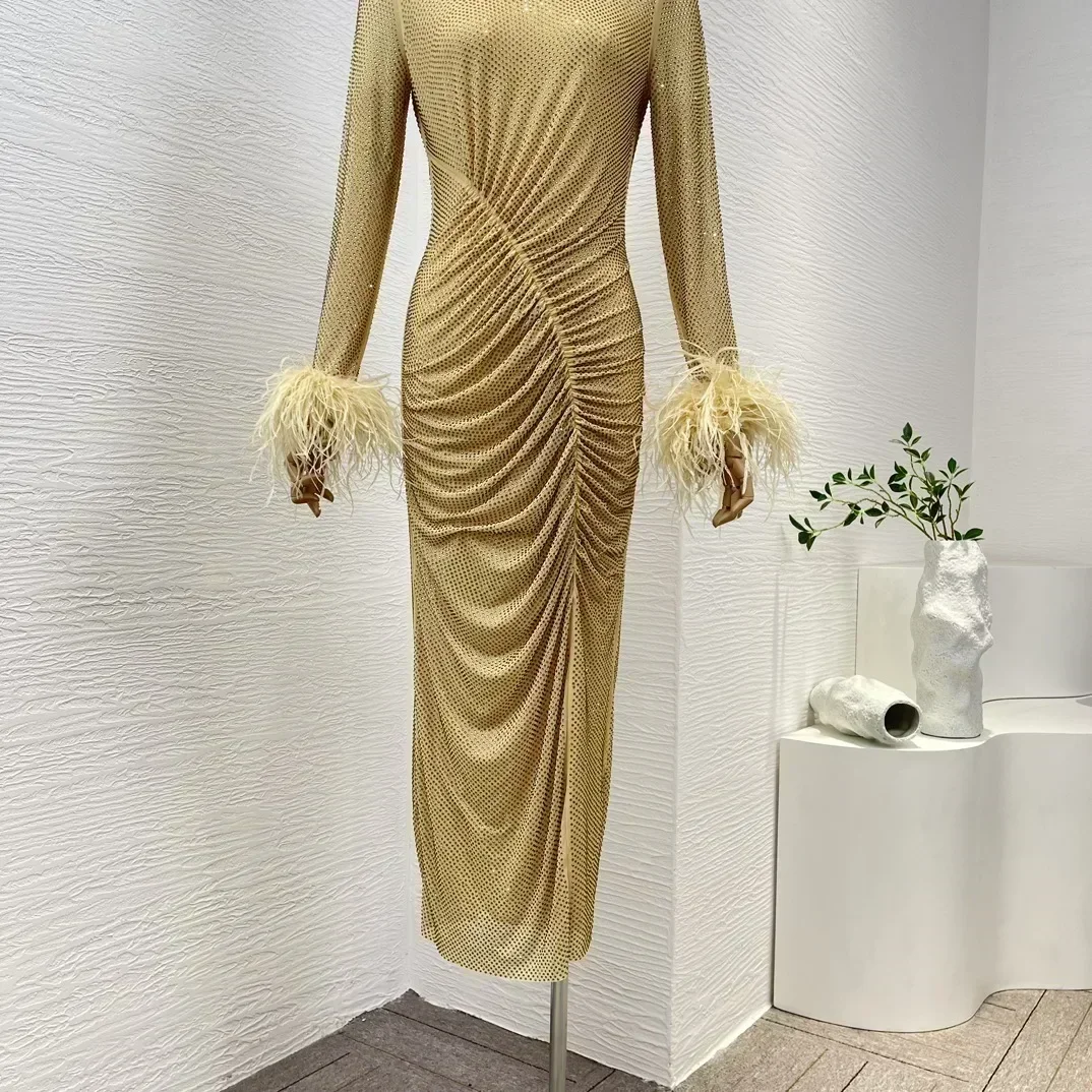 Vêtements pour femmes de qualité supérieure, robes mi-longues froissées avec diamants dorés, moulantes, printemps 2024