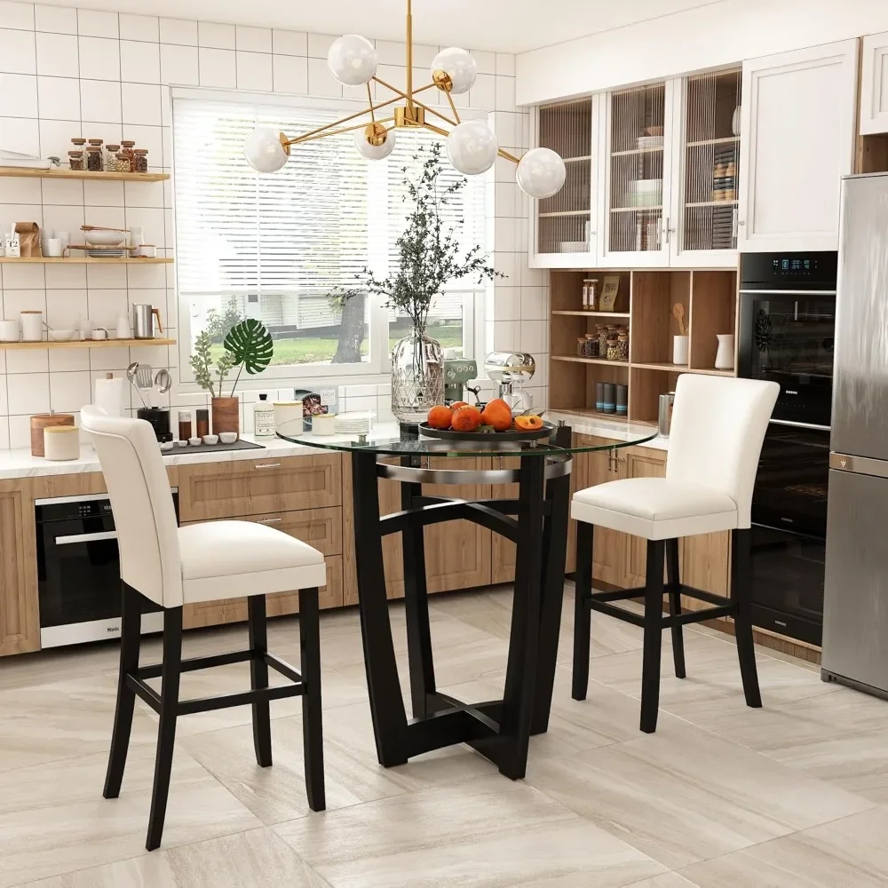 

Glass Top High Bar Table Stools Set of 3, 42" Round Tempered Glasstop High Bar Table with Two 31.9" H Barstools Chairs
