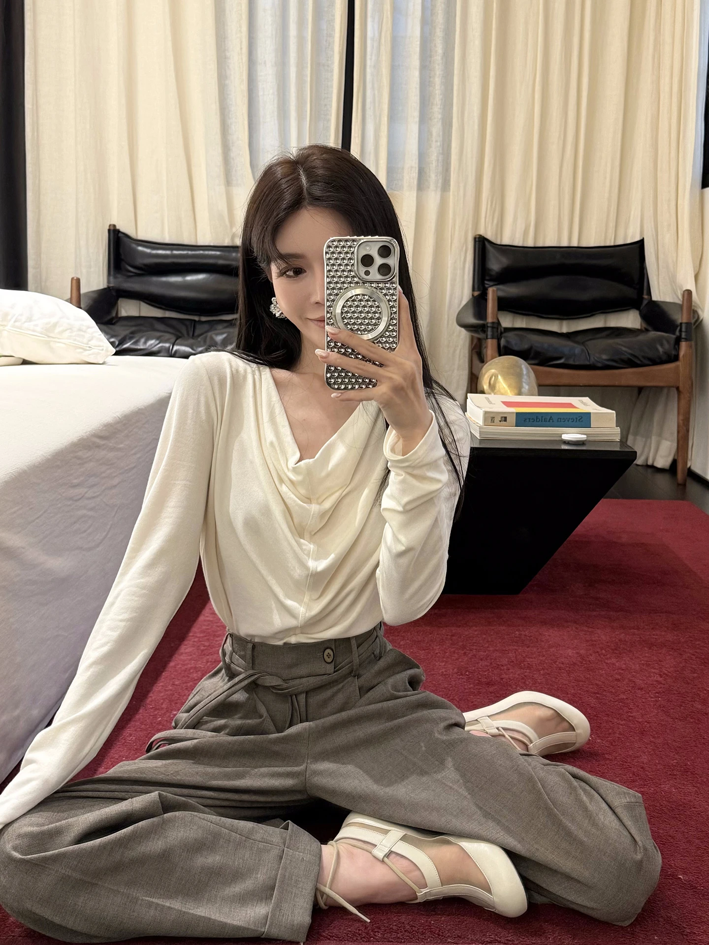 

Универсальный воздушный топ SMOL с длинным рукавом на одно плечо, свободный повседневный крой, приятный к телу, для женщин