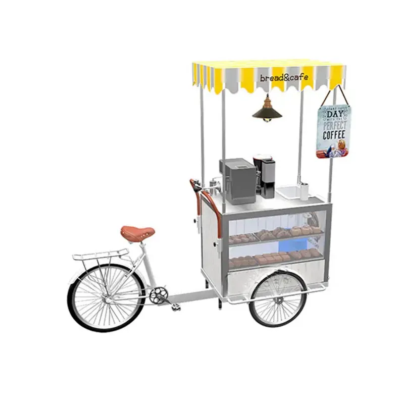 Popular Street Snacks Bread Coffee Fast Food Cart Adult Cargo Bike Pastry Sweets Candy Cart with Display Showcase