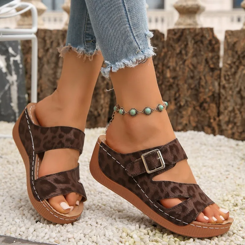 Leopard Print Round Toe Open Toe Hollow Metal Buckle Slippers Summer New Thick Bottom Waterproof Platform Women's High Heels