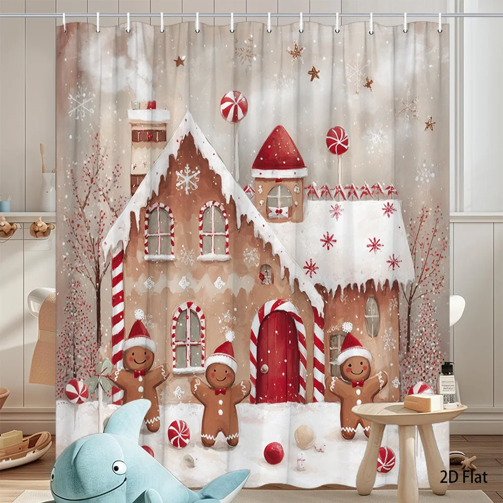 1pc Christmas Gingerbread House & Men Bath Curtain - Winter Wonderland Shower Curtain with Candy Canes, Gingerbread Cookie, Machine Washable Suitable for Bathtub/Shower Enclosure, Bathroom Decor (70.8x70.8 Inch), 2D Flat