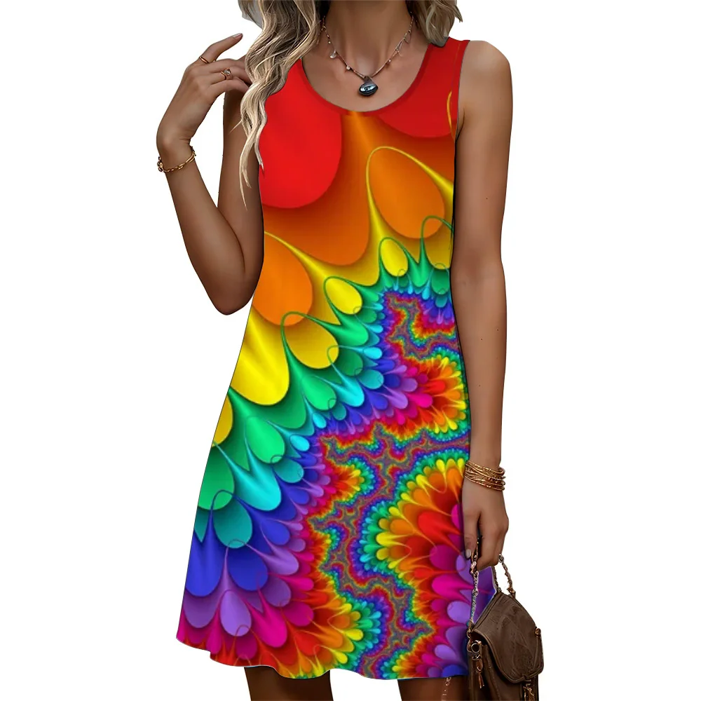 Sleeveless Tie-dye Fashion Women Mini Dresses Summer 3D Print Gradient Beach Casual Ladies Dress 3XL Big Size Street Loose Dress