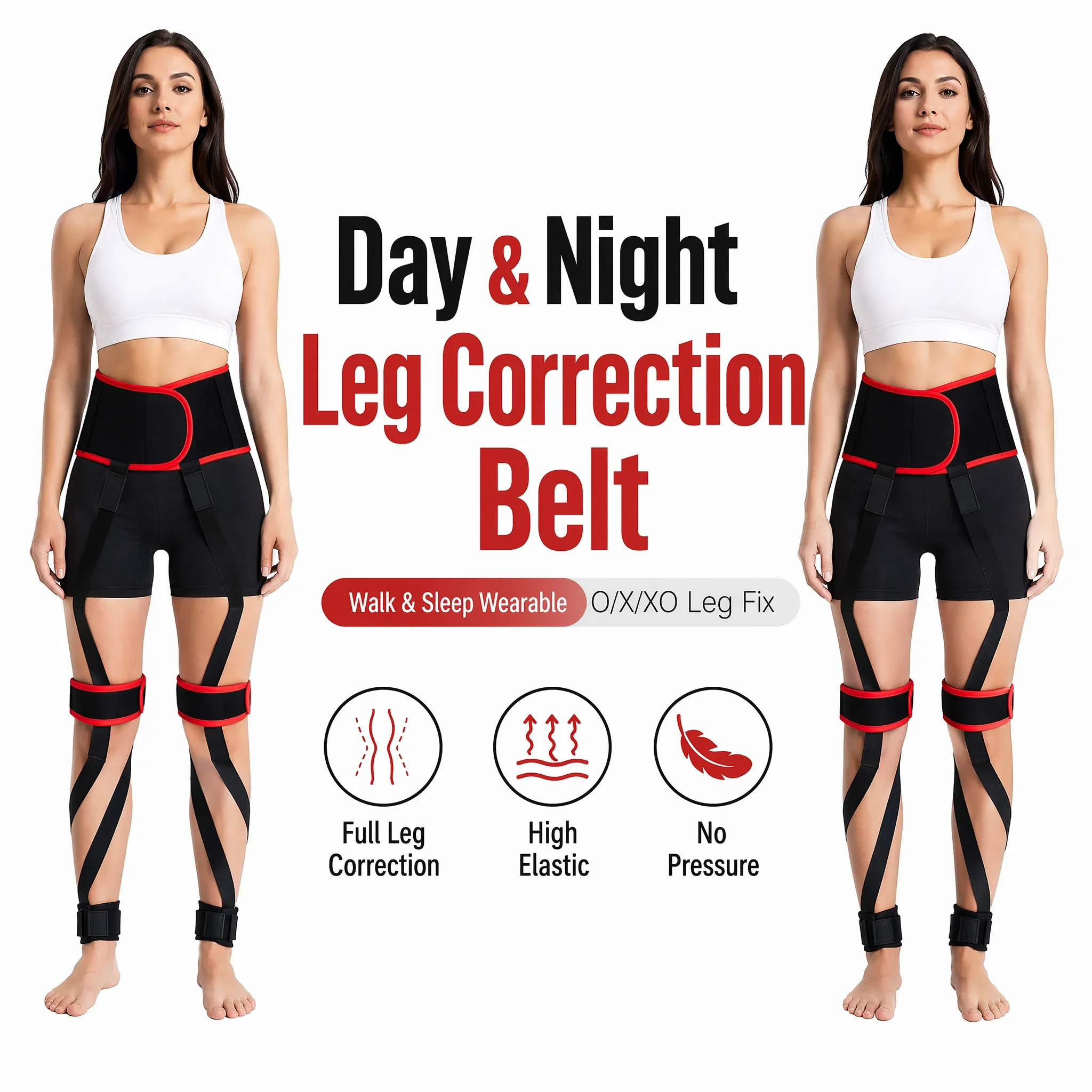 Leg Correction Belt for O/X/XO Bow Leg, Dual Mode Adjustable Posture Straightener, Day Night Wear Soft Elastic Leg Shaper for Ki
