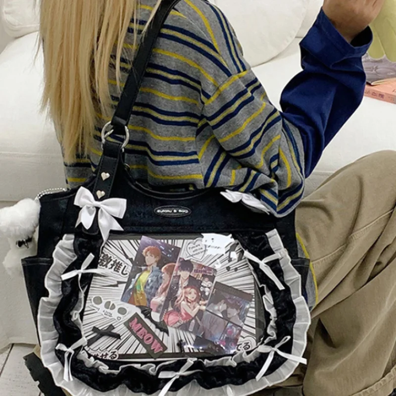 Sweet Lolita Ita Bag With Ruffle Lace Bow Decor Large Capacity Clear Window Shoulder Tote Bag Japanese Style Crossbody Handbag