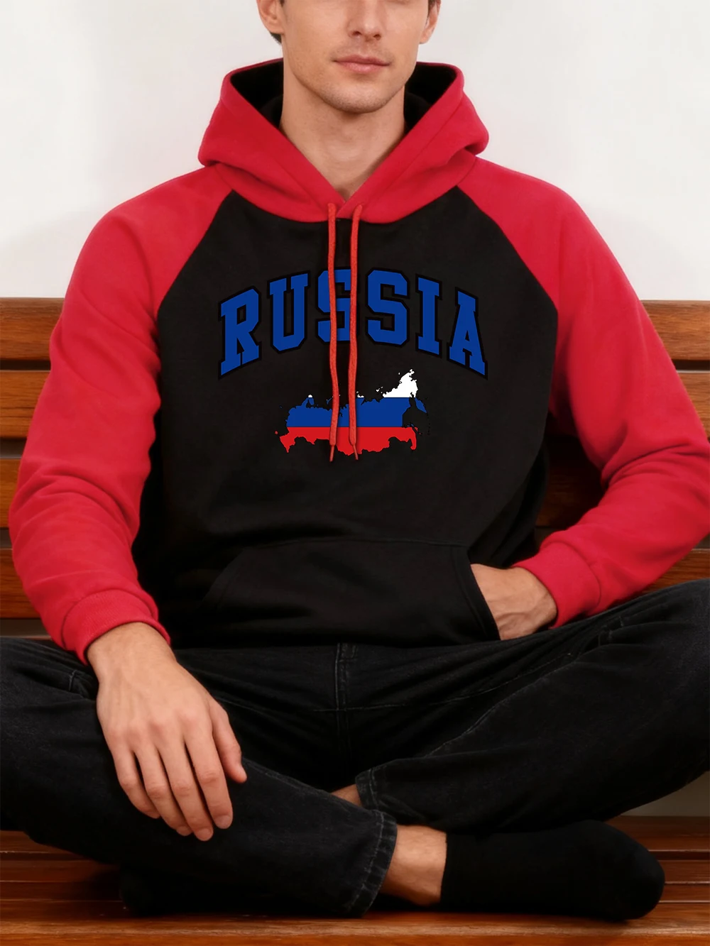 العلم الروسي خريطة ملونة الطباعة الرجال هوديس الشتاء الصوف الربط هودي جيب بلوزات فضفاضة الشارع راجلان ملابس رياضية رجالي