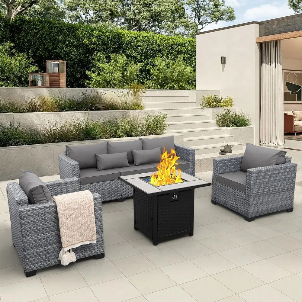 

Outdoor Wicker Patio Furniture Set with Sectional Sofa, Fire Pit Table, and Grey Cushions