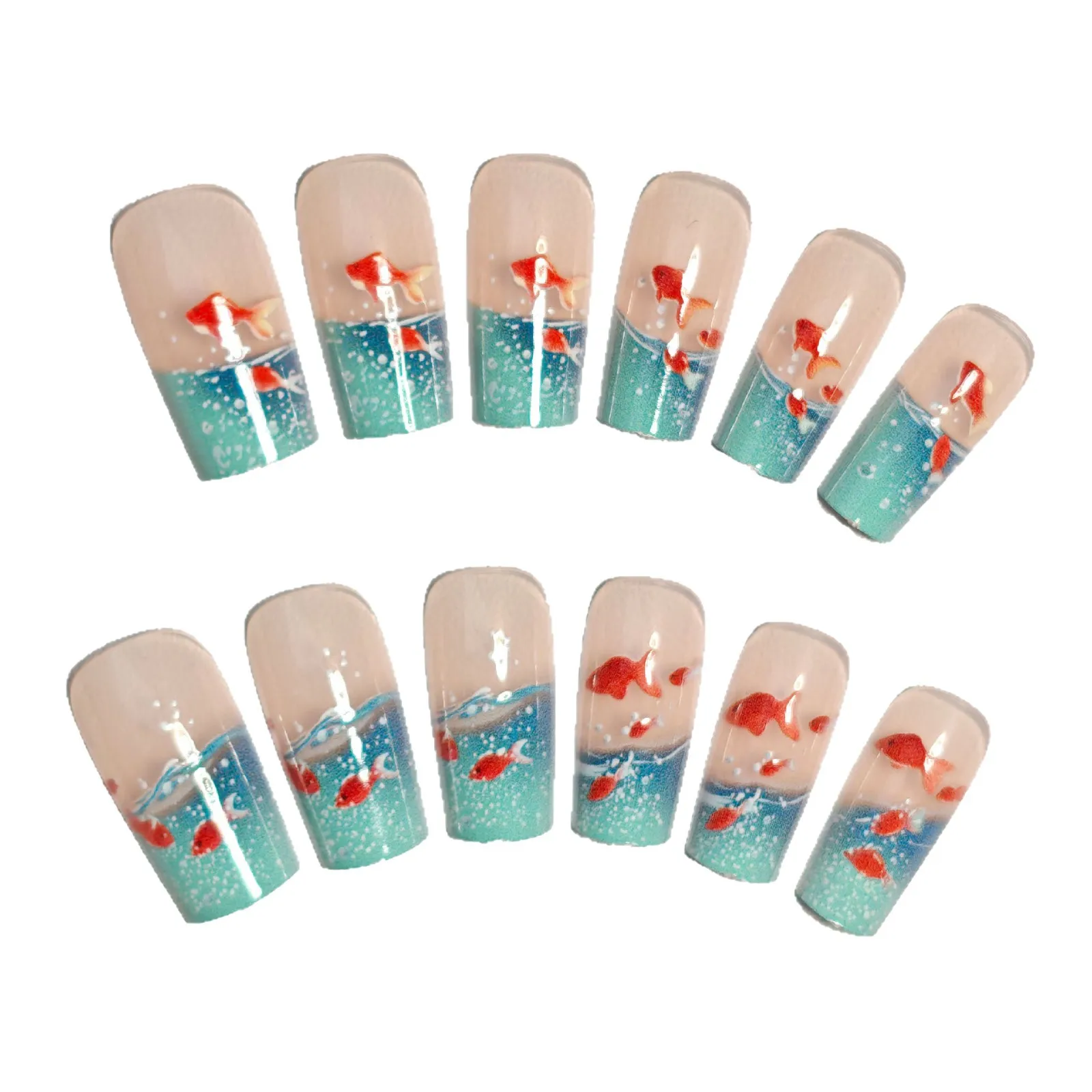 Square Underwater Element Smart Magic Goldfish Glazed Wearing Armor Removable Manicure 24pcs False Nails Nail Art