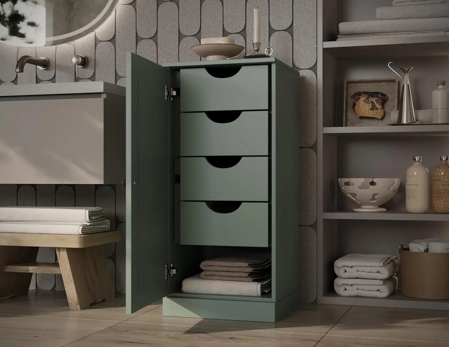 Solid Wood Bathroom Storage Cabinet with Shaker Door & 4 Drawers, 36