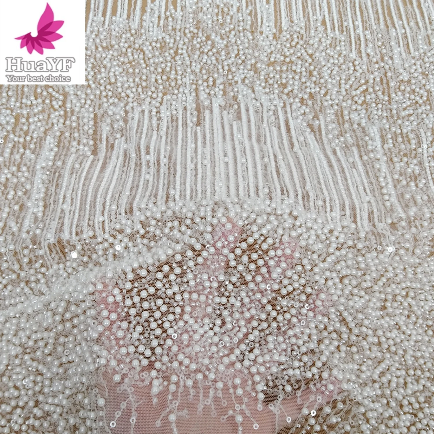 

1 Yard Luxury New Nigeria Porcelain White Beads Lace Tulle Fabric with Pearl Fabric For Bride HY2926