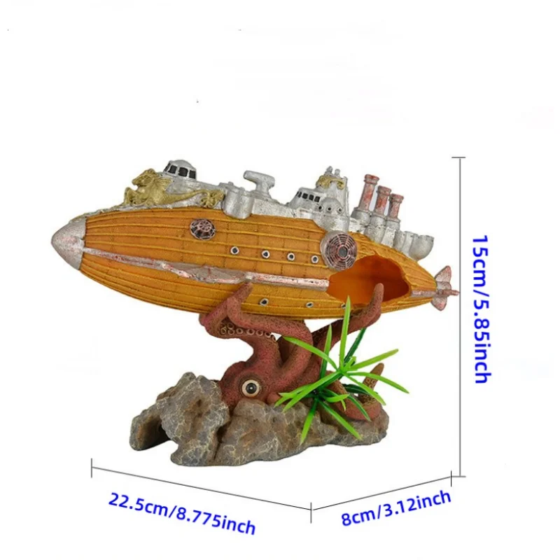 1PC Aquarium Landscaping Sunken Ship Octopus Airship Warship Rockery Decoration Submarine Shelter