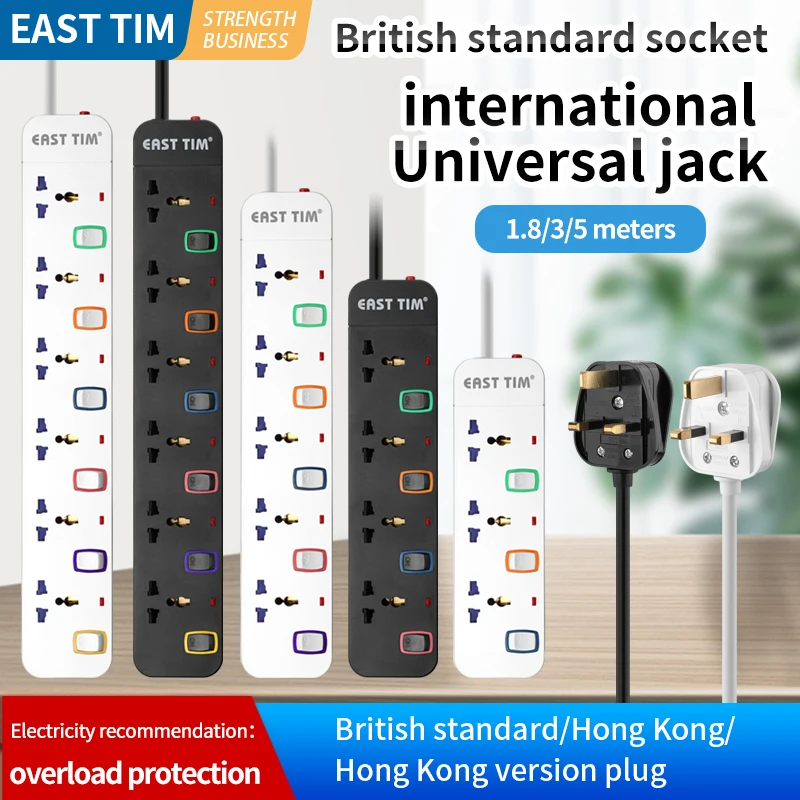 Extension Lead Power Strip Cord Individual Switched Outlet Overload Surge Protector UK Plug 13A250V 1.8m Cable