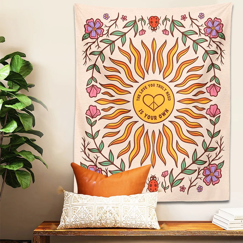 Retro Celestial Flower Tapestry Wall Hanging Vintage Sun the love you truly need is your own Hippie Decor Dorm room Decor gift