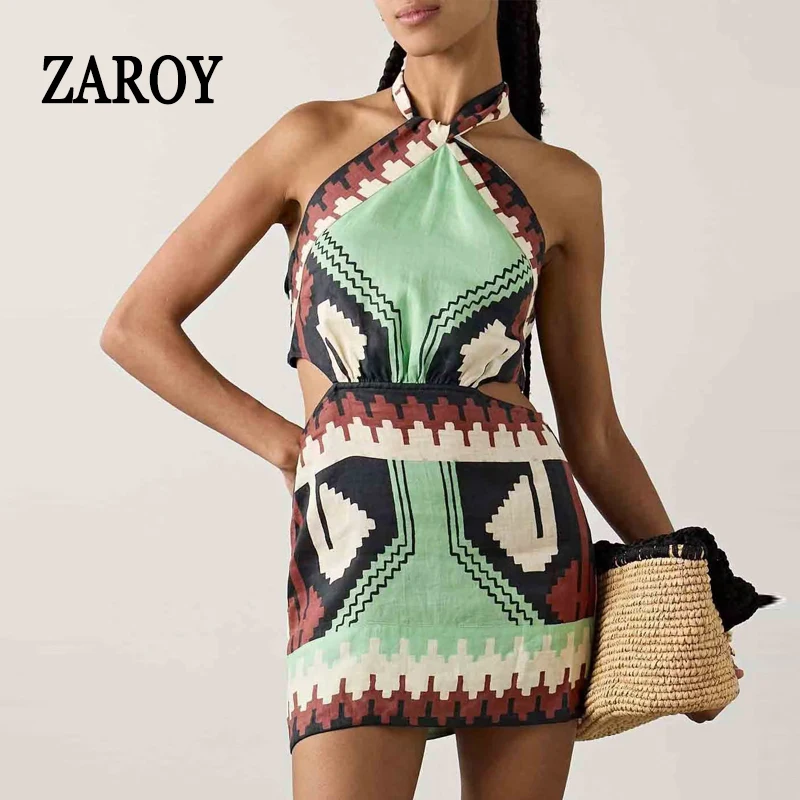 

ZAROY Summer Holiday Hollow Beach Dress Women Sexy Backless Print Halter Mini Dress Casual Sleeveless Lace Up Vocation Dress