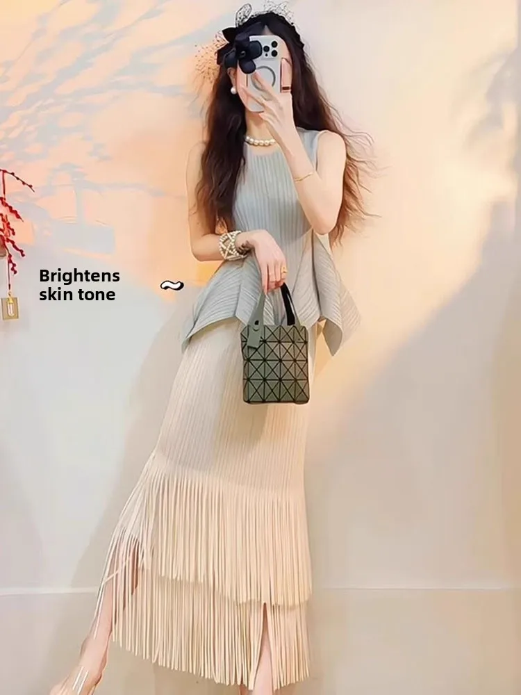 

Chic Summer Sleeveless Asymmetrical Tassel Trim Pleated Set Low Waist Korean Style Commute Loose Fit Mid-Length Skirt