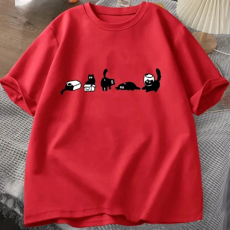 플러스 사이즈 재미있는 고양이 프린트 티셔츠 여성용 루즈 캐주얼 티셔츠 재미있는 반팔 티셔츠 여름 라운드넥 캐주얼 탑