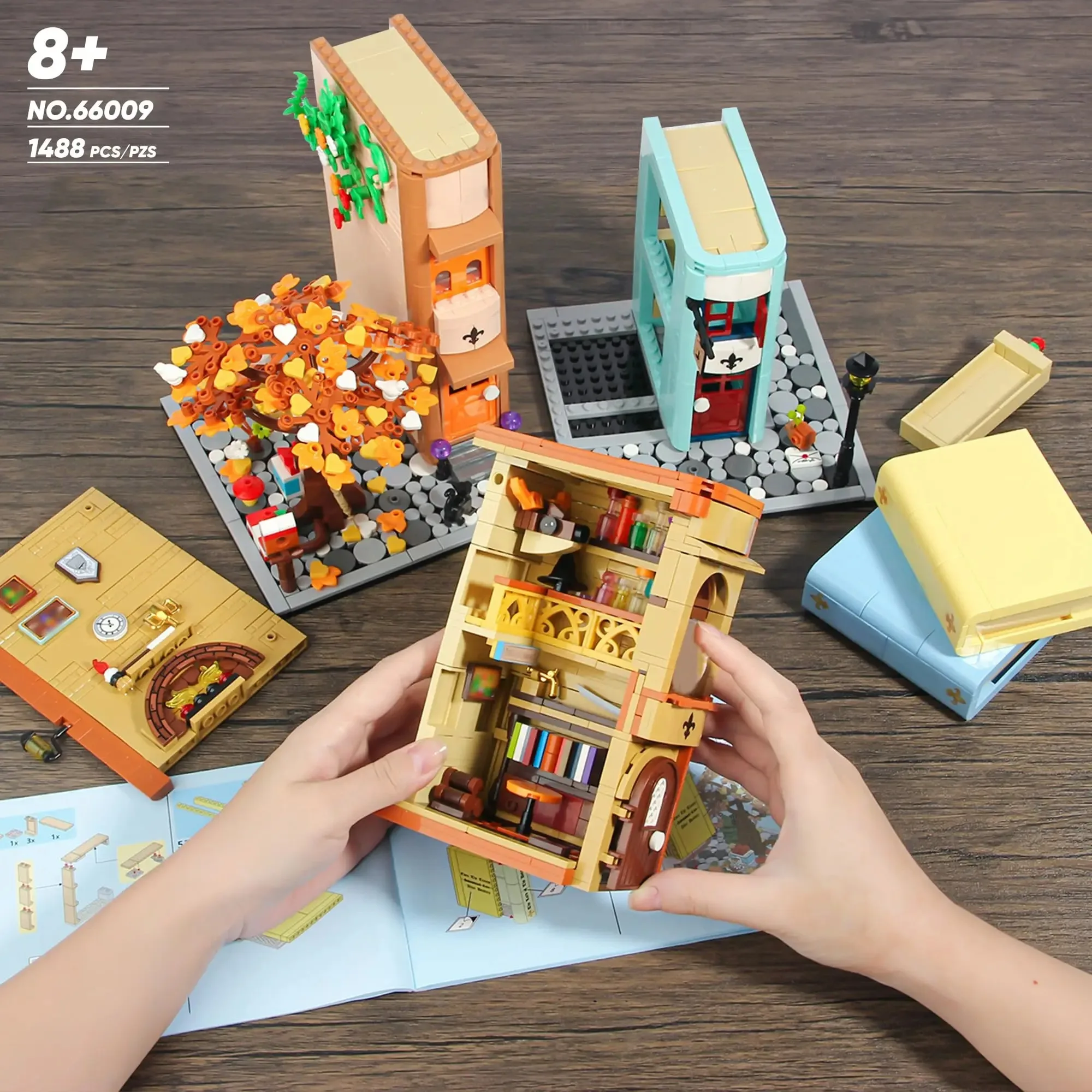1488PCS Kreative Expert Stadt Street View MOC Magie Bücherregal Buchstützen Haus Hause Modell Bausteine Ziegel Puzzle Spielzeug für kind