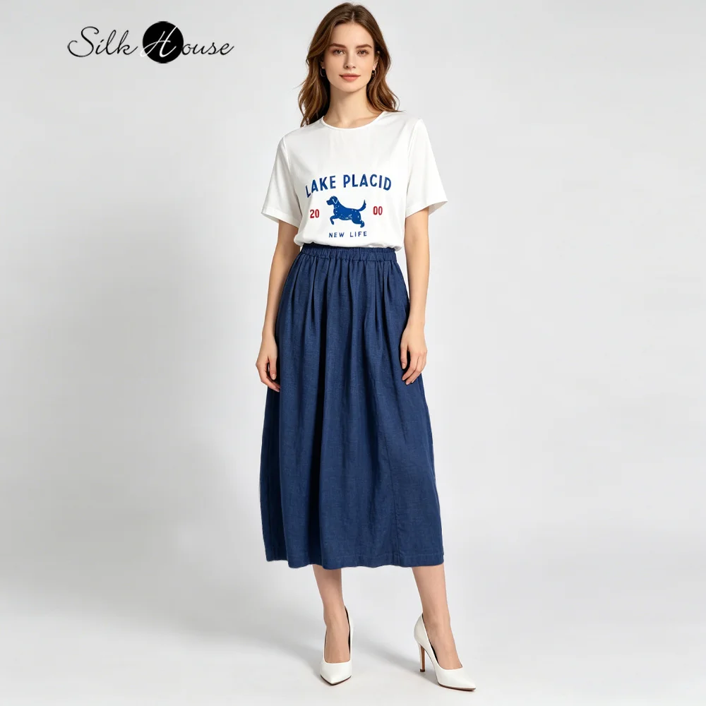 

Women's Casual Summer New Cartoon Print Basic Versatile Natural Mulberry Silk Satin Round Neck Short Sleeved T-shirt