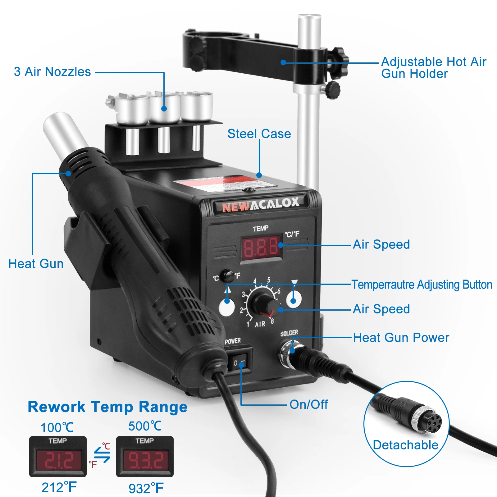 NEWACALOX-Estação De Solda De Retrabalho De Ar Quente Pistola De Calor Industrial, Ferramenta De Solda Desoldering, Exibição De Temperatura, 110V, 700W