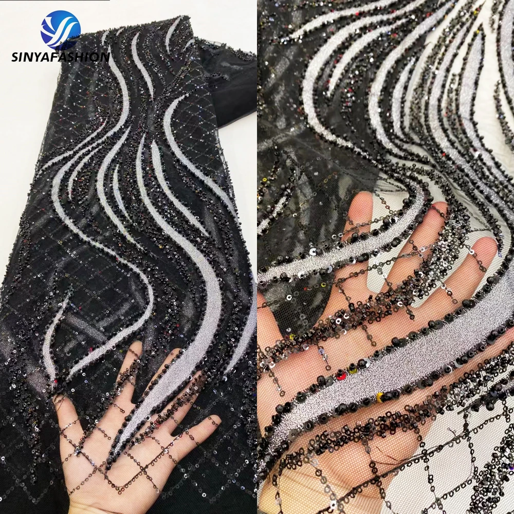 

Tim Beautiful African Sequins Beads Lace Fabric 2024 High Quality Black French Tulle Lace 5 Yards Luxury Beaded Wedding Fabrics