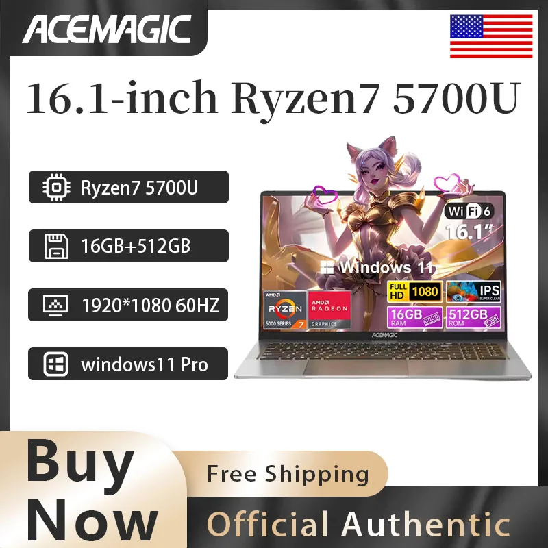 แล็ปท็อป ACEMAGIC AX16pro ขนาด 16.1 นิ้ว Ryzen7 5800U แล็ปท็อปสำหรับเล่นเกม RAM 16GB SSD 512GB หน้าจอความละเอียดสูง 1920 * 1080 60HZ ความเร็ว 4.3GHZ