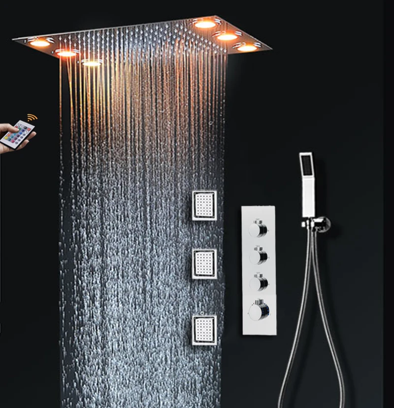 

Massage Shower Body Jets Set 500X360MM Ceiling Rainfall LED Showerhead Thermostatic 3 ways