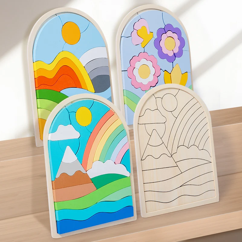 Wooden 3D creative puzzle, three-dimensional shaped blocks, rainbow/hill/flower scenes, Montessori Early Learning 2-6 years old