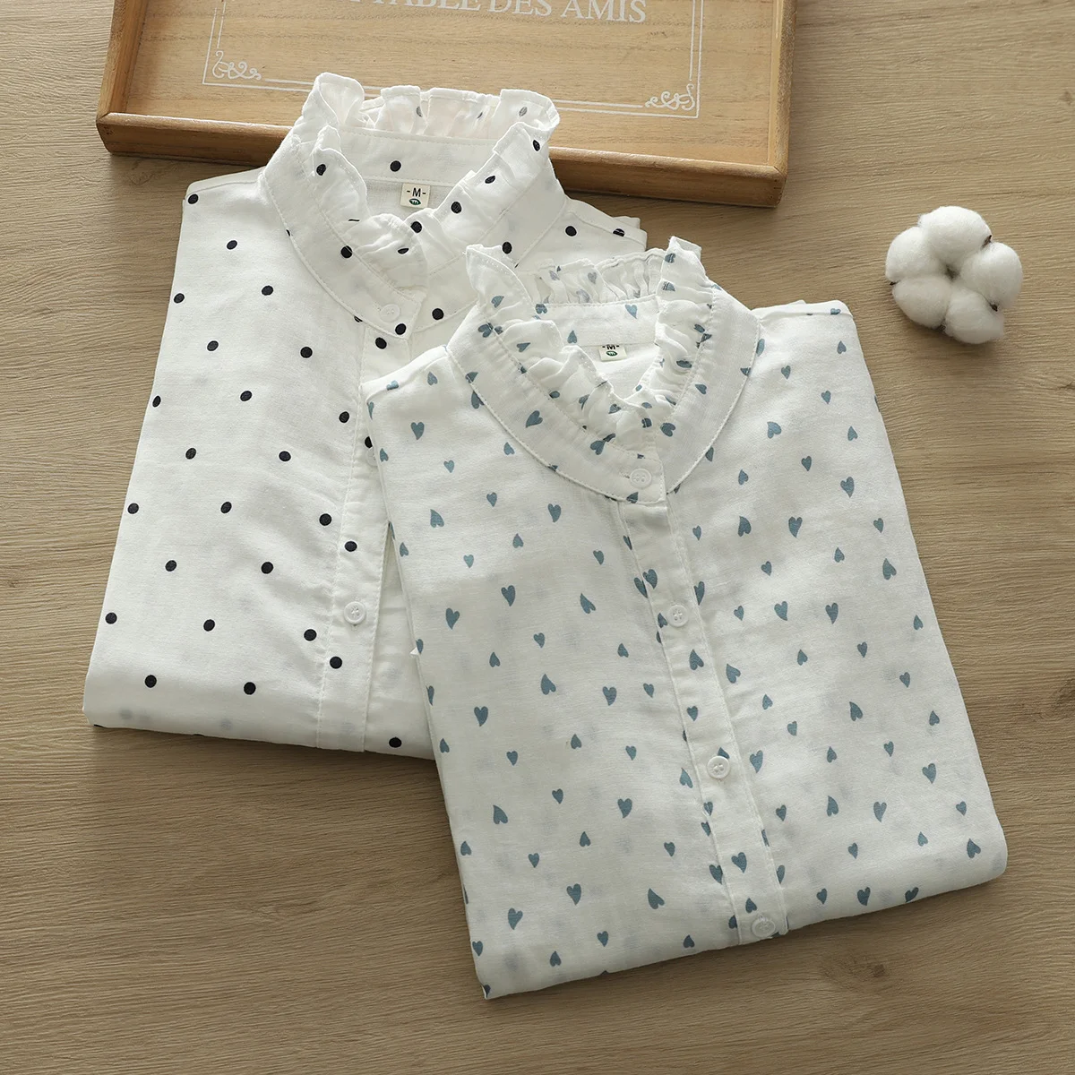 

100% Cotton yarn blouses for women 2024 Japan style sweet stand collar polka dots blouse backing shirts tall tops spring lolita