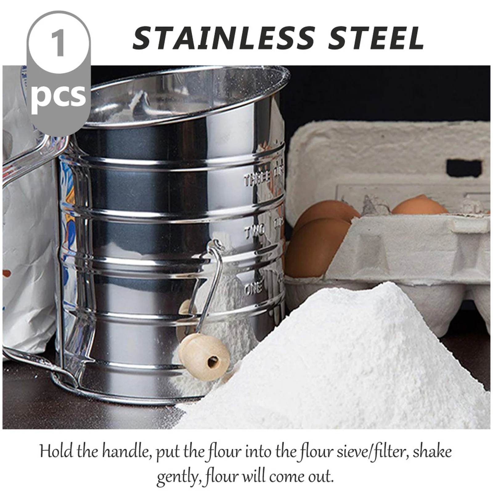 

1pc Hand Crank Flour Sieve Strainer Large Stainless Steel Sifter Baking Kitchen Tool Wood Handle Powder Sugar Cup Useful