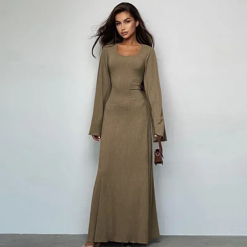 2024 Autumn Office-lady Lace-Up Straps Dresses Fashion Clothes Sexy Solid Ribbed Trumpet Sleeves Maxi Dress Women Elegant 29614