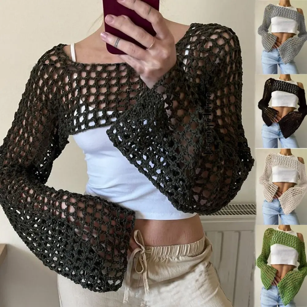 Y2K manica Shrug maglione morbide fiber acriliche donna Crochet Crop Top confortevole Pullover manica lunga girocollo Shrug Pullover