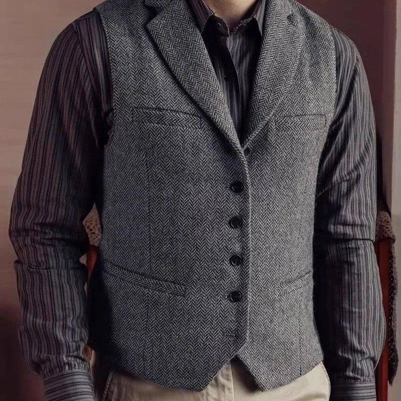 Men's Autumn Winter Wool Herringbone Tweed Vest British Retro Amekaji Style Plus Size Slim Fit Notch Lapel Waistcoat