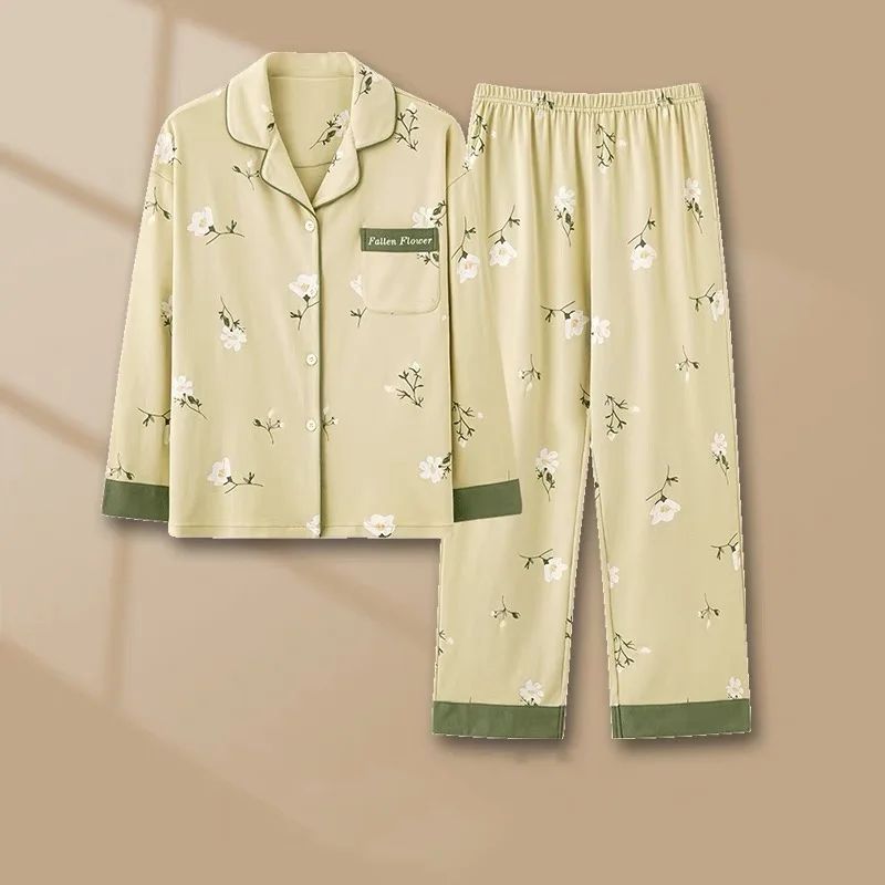 

Long Sleeve Sleepwear Cotton Pajama Women Spring Autumn Plus Size Homewear Outside Wear Button Top Trousers Sets Pijama Mujer
