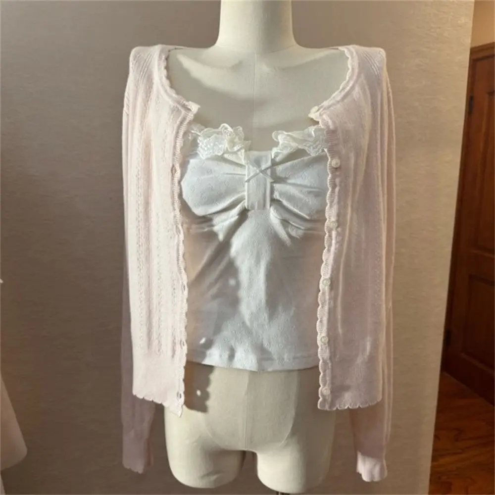 French Style Sweet Lace Trimmed Camisole + Pink Long-sleeve Knit Cardigan + High Waist Tulle Midi Skirt Set Elegant Clothes 2026 view 4