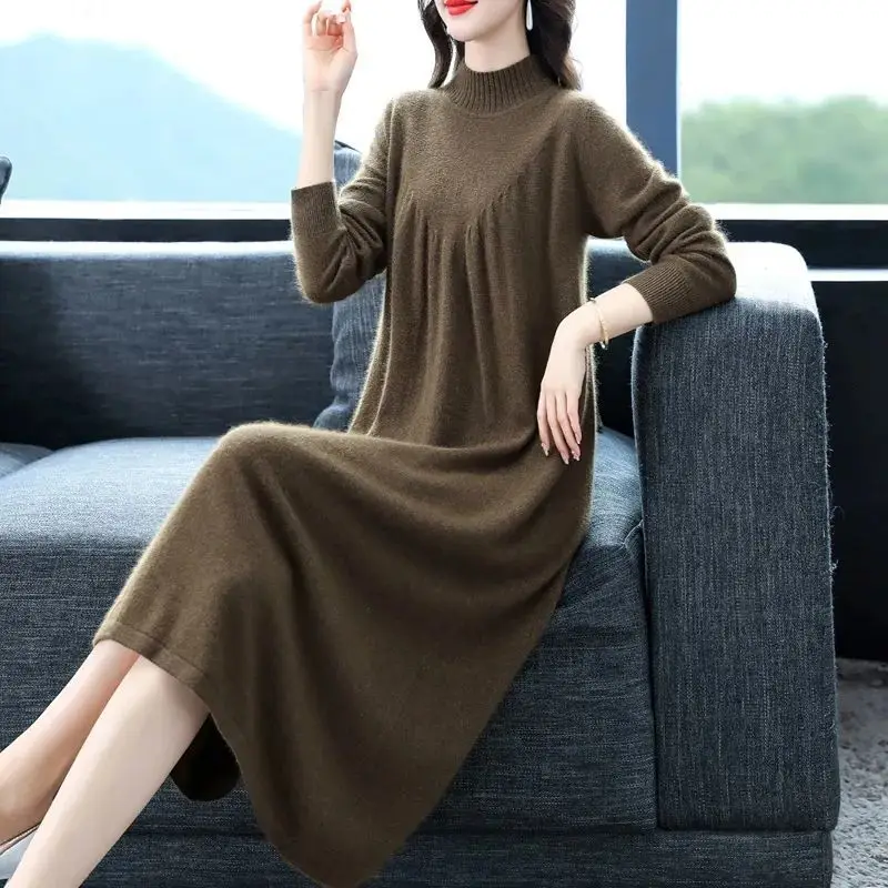 Suéter de Malha Solto e Longo para Outono e Inverno, Tamanho Plus, Camada Base Feminina, Saia Casual em A-Line