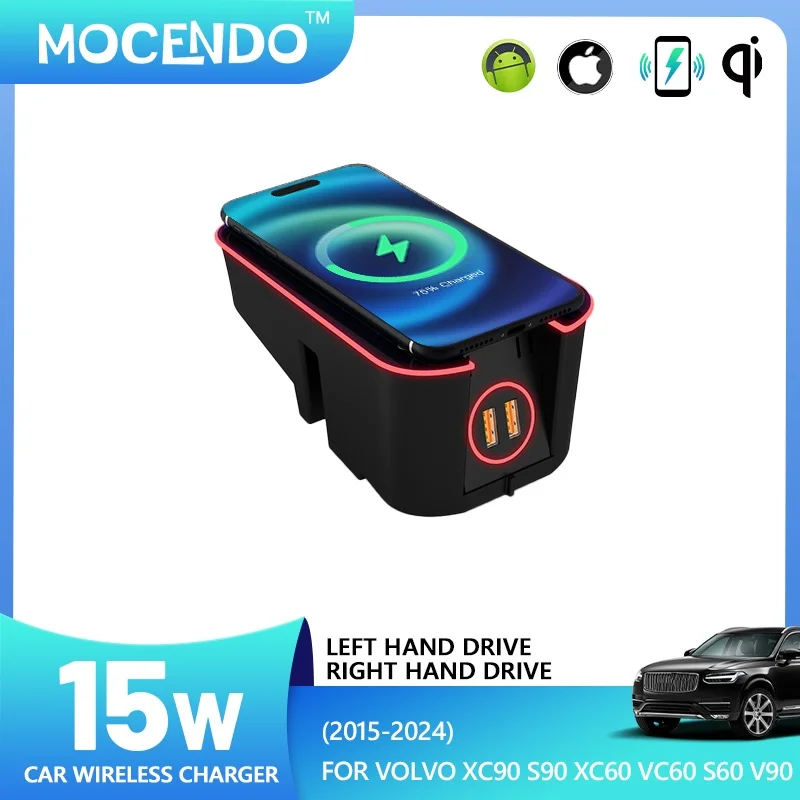 Car 15W Wireless Charger Induction Fast Charging For volvo xc90 xc60 s90 v90 new 2020 v60 s60 2015 2016 2017 2018 2019 2023 2024