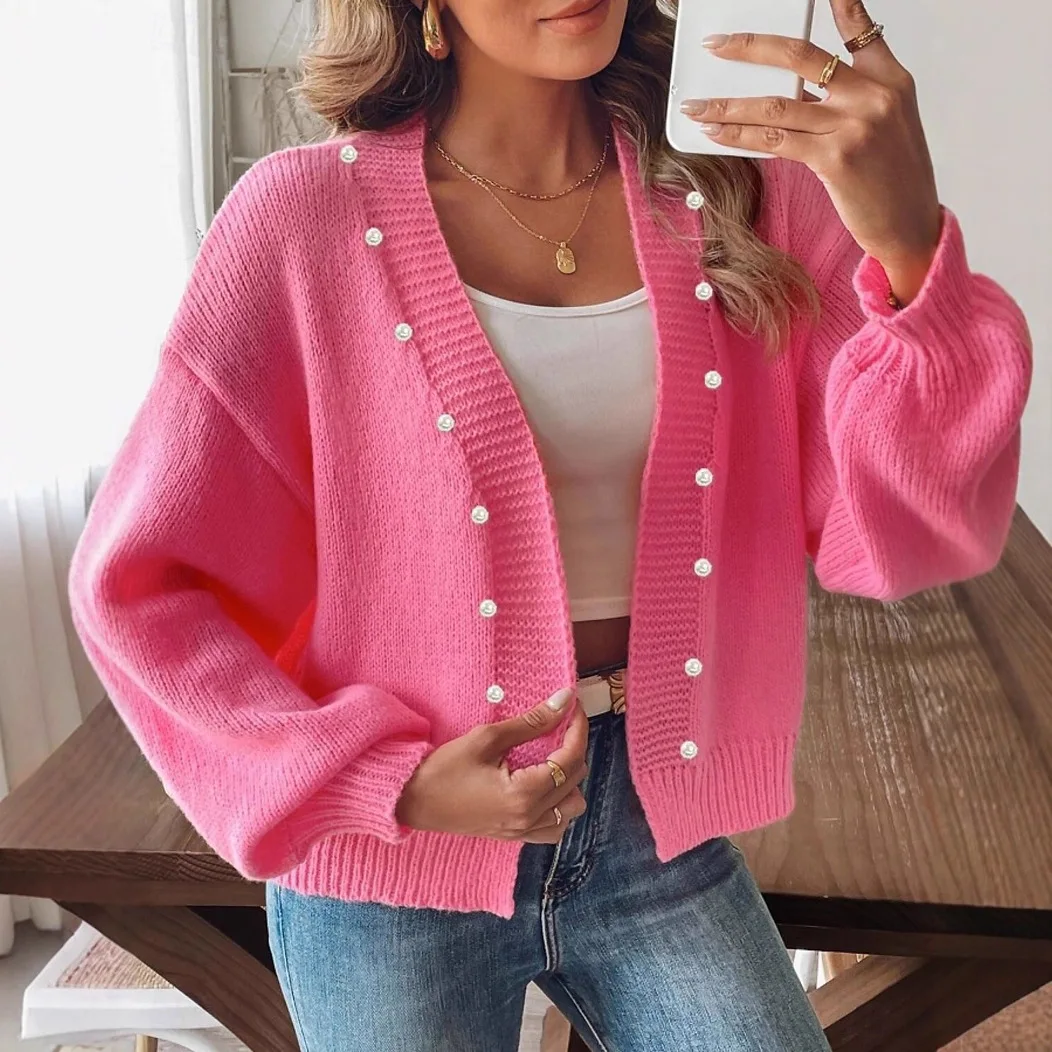 Novo 2026 feminino cardigan de malha rosa botão frontal elegante casaco fio macio casual chique outerwear