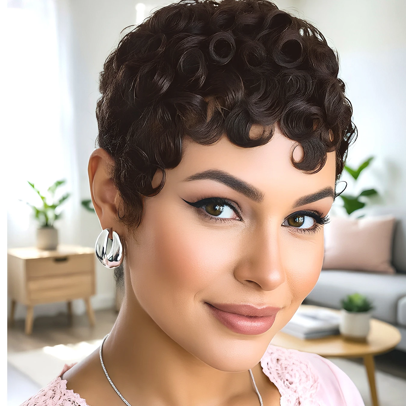 

Pixie Cut Wig, Short Curly Remy Human Hair Wig, Full Machine Made Easy Install Daily Wear Wigs For Ladies