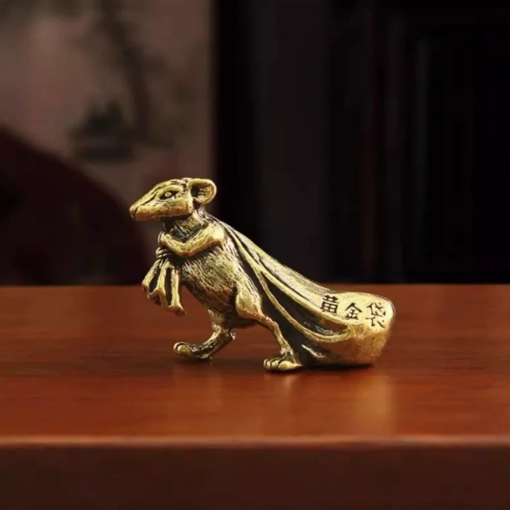 6 CM Chinese Zodiac Animal Rat Mouse Bring Wealth Sack Amulet sculpture Bronze