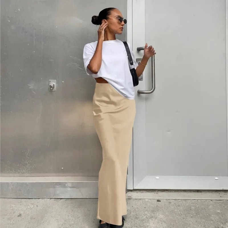 

Satin Hanging Fishtail Skirt Solid Color Spring Autumn Women's Clothing New Casual Half Skirt Commuting Long Skirt Ropa Mujer