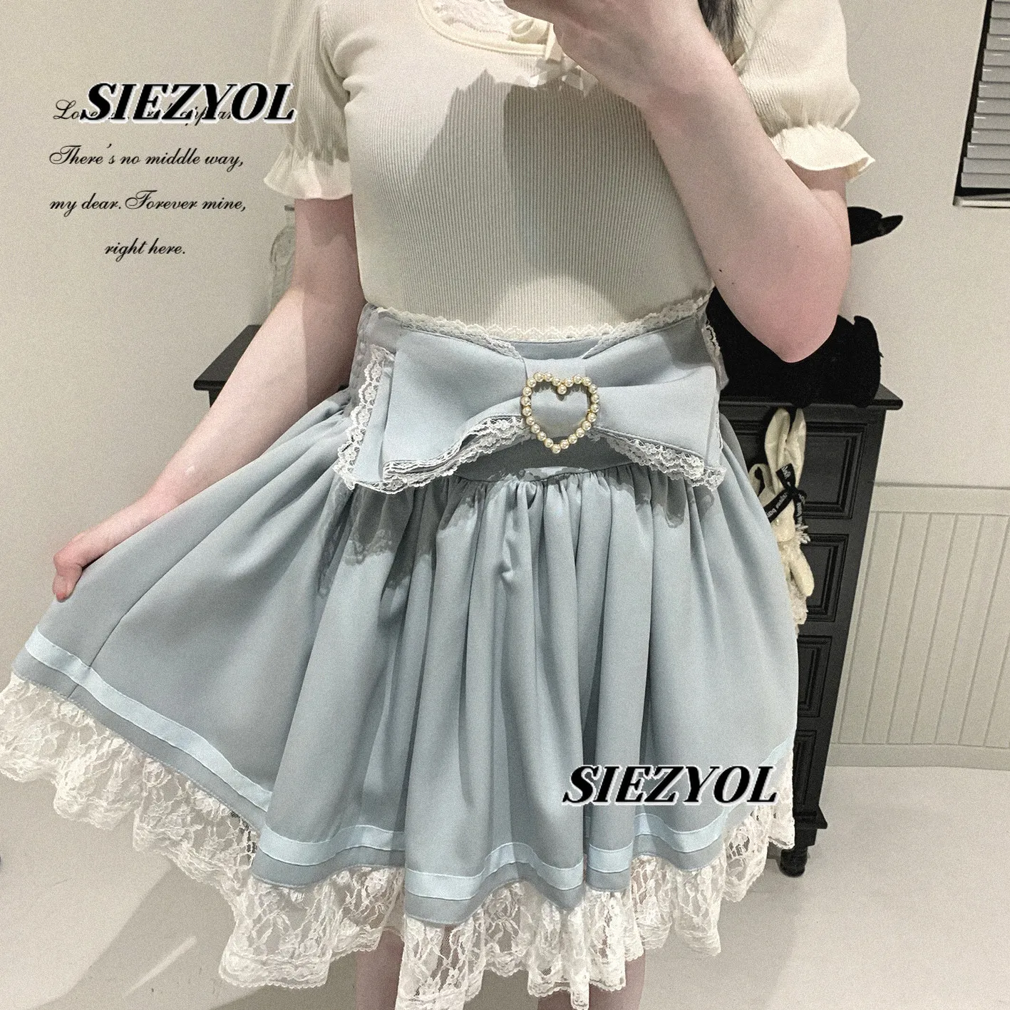 Summer New Original Love Diamond Buckle Lace Edge Puffy Short Skirt Sweet Cute Girls High Waist Color Matching Mini Skirts