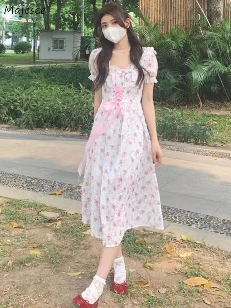 

Midi Dresses Women Floral Chic Lace-up Sweet Fashion Summer Fairycore Puff Sleeve All-match Tender Ulzzang Girlish Casual Mujer