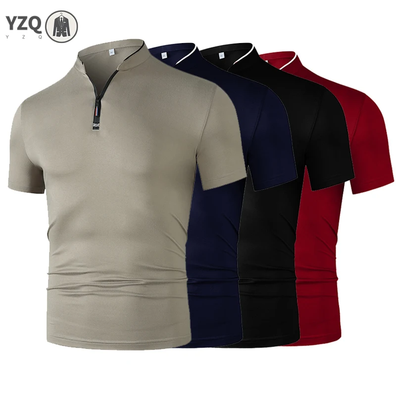 Men's Casual Fashion Zippered Solid Color Short Sleeve Polo Shirt Stand up Collar Versatile Comfortable Top