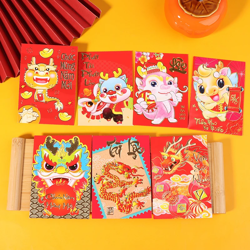 6Pcs Cute China The Year Of The Dragon Decorative Envelopes Chinese Style Dragon Red New Year Purse Luck Money Bag