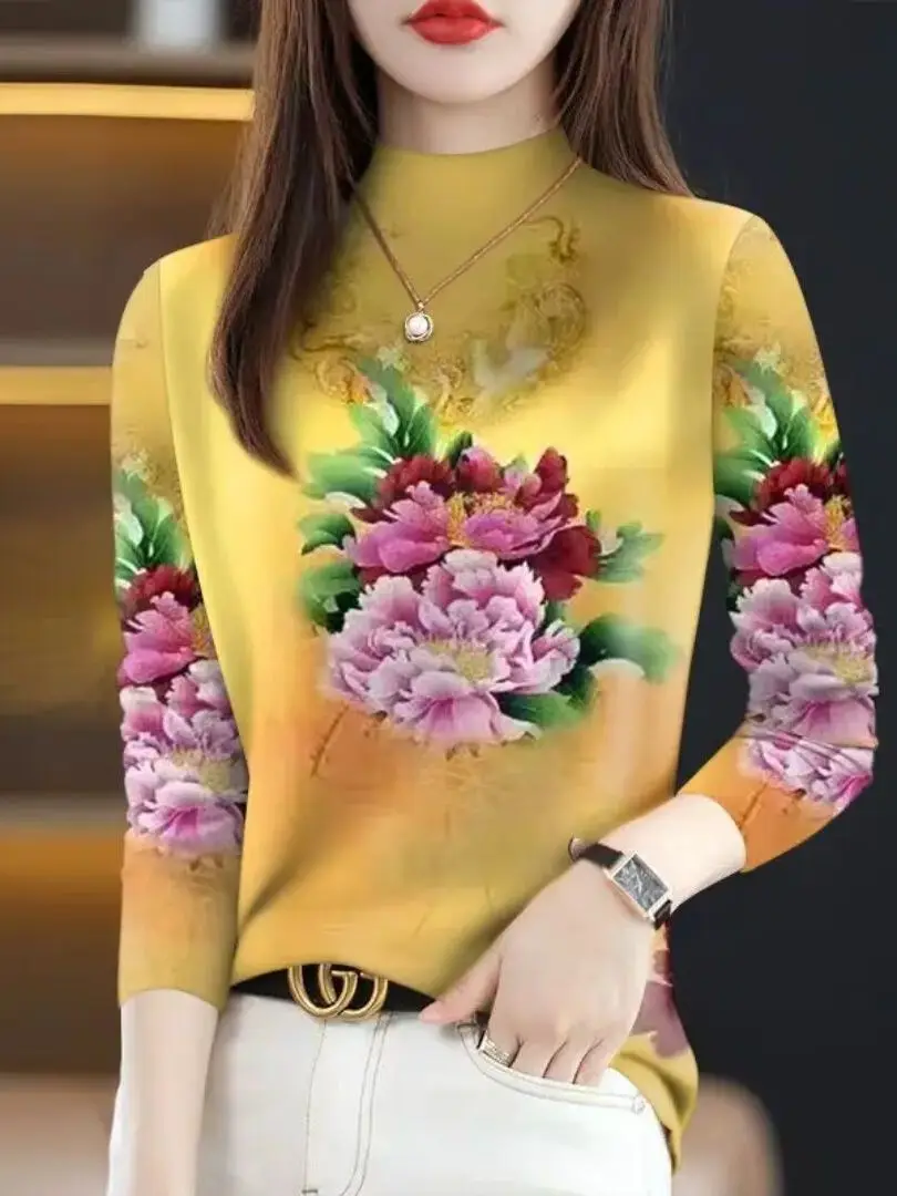 Fashionable Long Sleeve Printed T-Shirt Women's Casual Style High Neck Top Trendy Spring 2026 Garment from China for Ladies